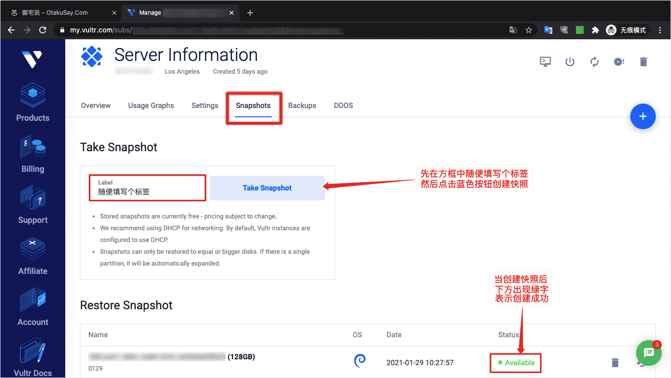 教你如何通过 Vultr 服务器后台手动创建快照备份服务器数据